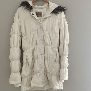 Ruff Hewn Ivory Puffer Coat with Faux Fur Trim
